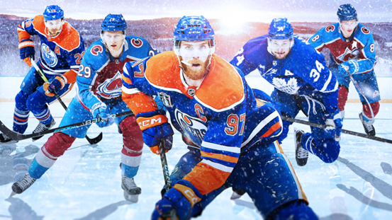 Draisaitl, MacKinnon, McDavid, Matthews et Rantanen jouent au hockey.